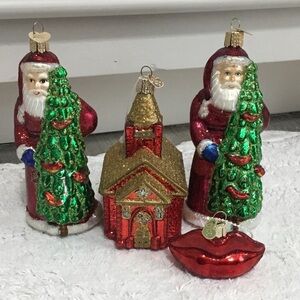 4 OWC Old World Christmas Blown Glass Ornaments 2 Santas 1 Church 1 Lips